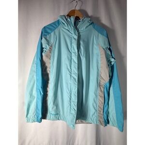 Columbia Womens Blue Grey Colorblock Hooded Windbreaker Jacket Large L Zip Up